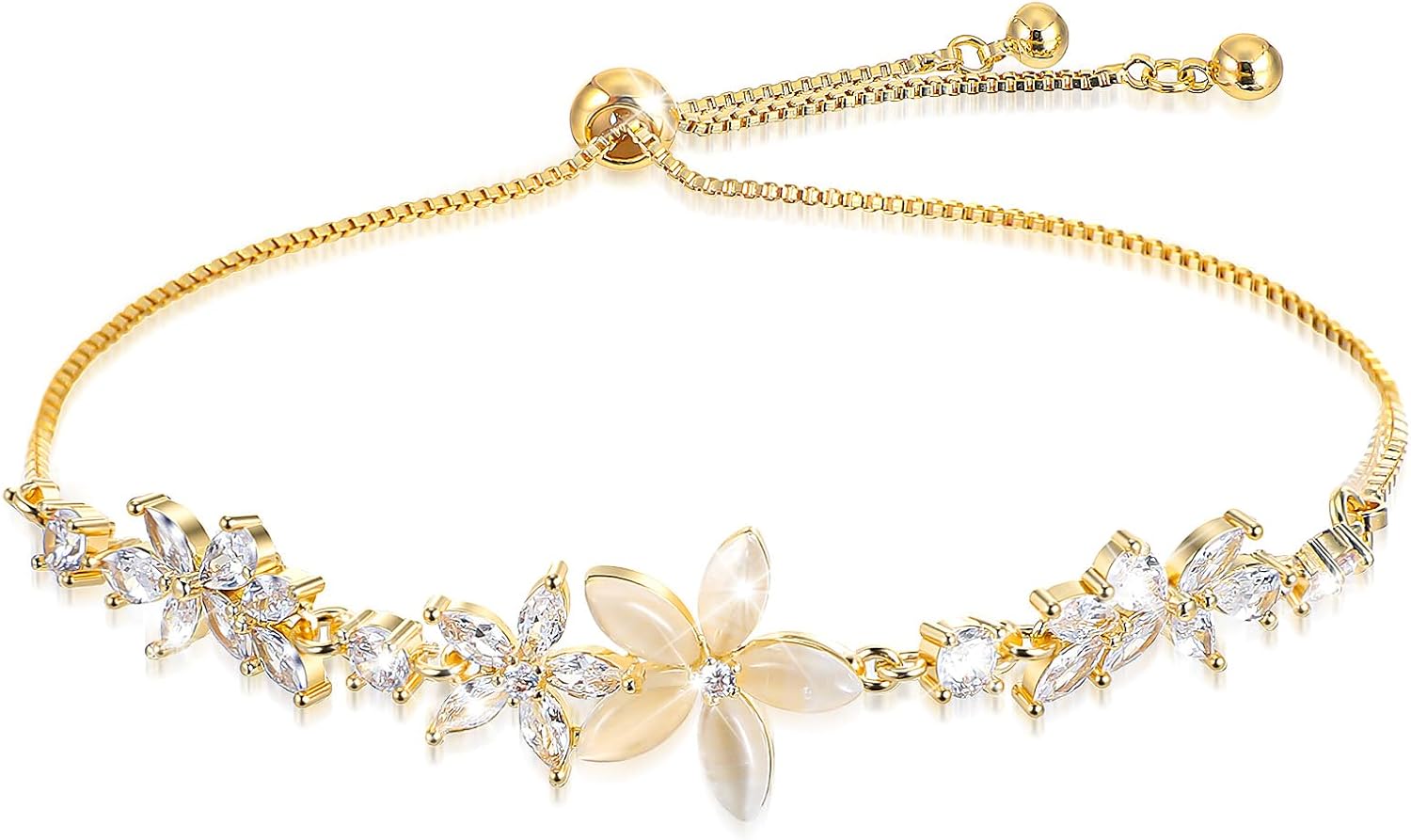 610WEfwnlaL._AC_SL1500_.jpg Gold Adjustable Bracelets for Women,Dainty Flower Bracelet Rhinestone Slider Floral Bracelet Floral Jewelry Adjustable Bridesmaid Bracelets Jewelry Gift - Image 1