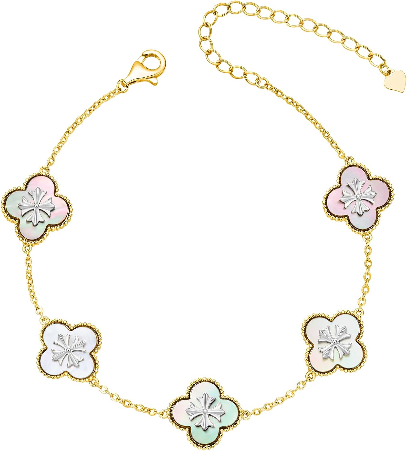 61jk2Nkt1fL._AC_SL1500_.jpg 18K Gold Plated Clover Bracelet, Mother of Pearl Four Leaf Flower Bracelet for Women, 6.9" + 2" Adjustable Bracelet, Cross Motif, Gold or Silver Tone - Image 1